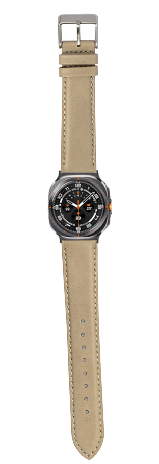 Cream padded leather watch band with stitching for Galaxy Watch 8 Ultra, featuring titanium buckle and black dial face