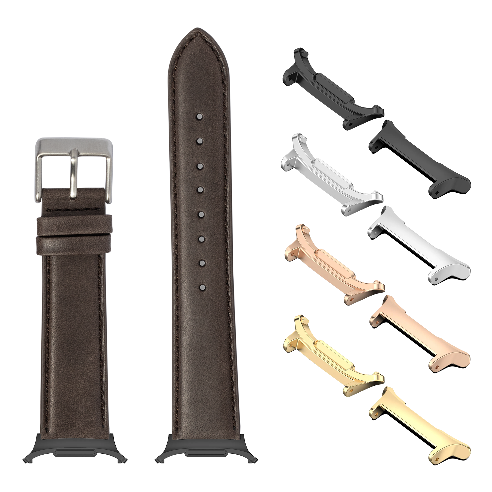 Dark brown leather watch band with silver buckle and interchangeable metal lugs in black, silver, rose gold, and gold finishes