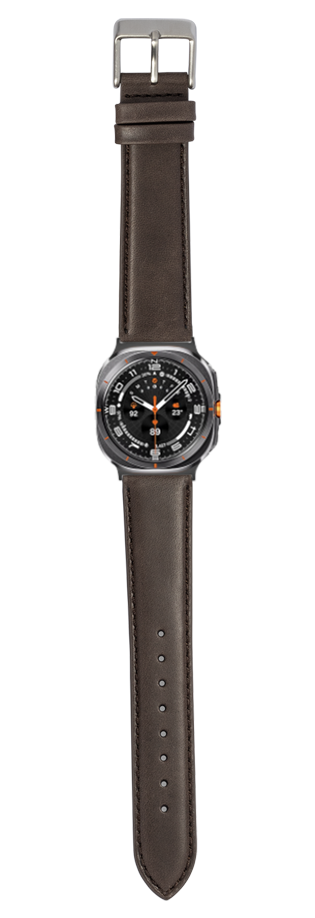 Dark brown padded leather watch band with metal buckle and orange accent stitching on Galaxy Watch