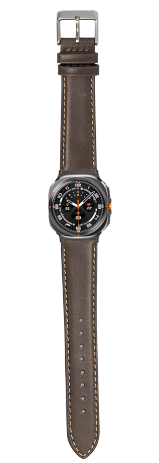 Dark brown leather watch band with beige stitching and stainless steel buckle, displayed on analog watch with black dial and orange accents