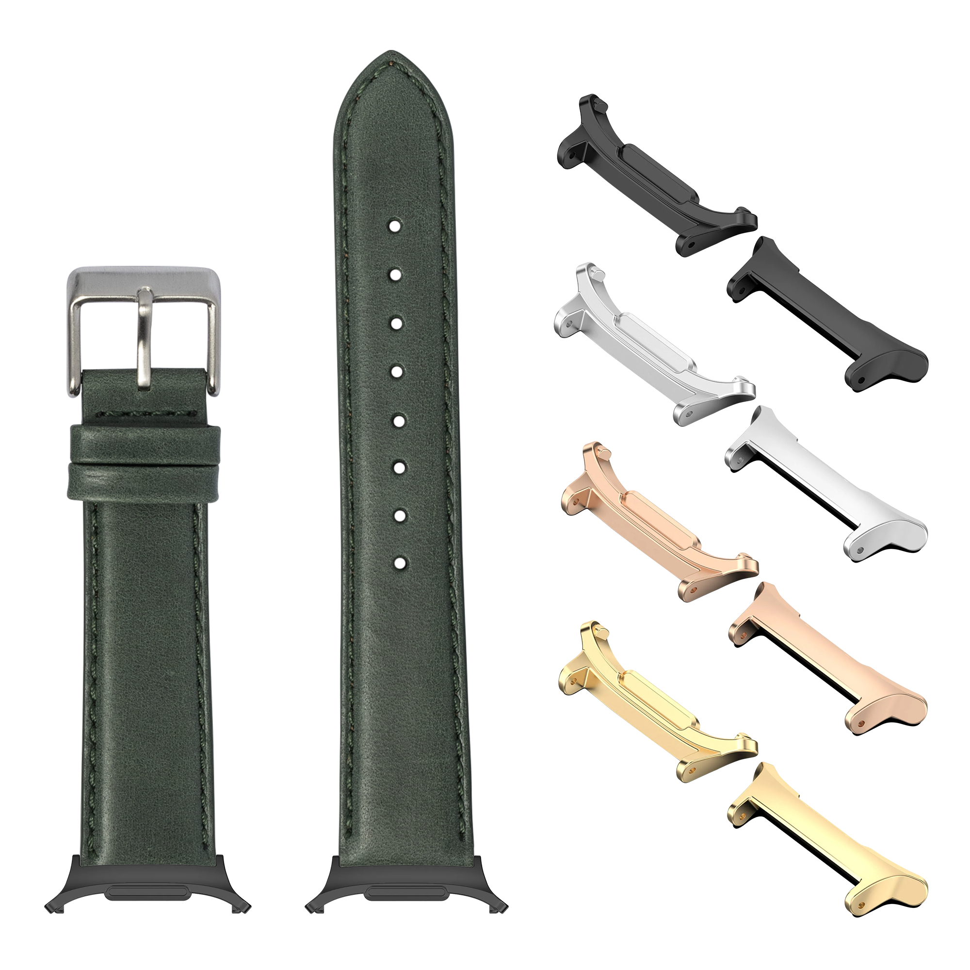 Forest green padded leather watch band with metal buckle and interchangeable lugs in multiple finishes for Galaxy Watch 8 Ultra