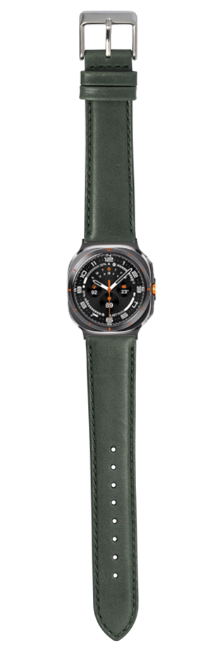Men's sports watch with forest green padded leather strap and black dial with orange accents