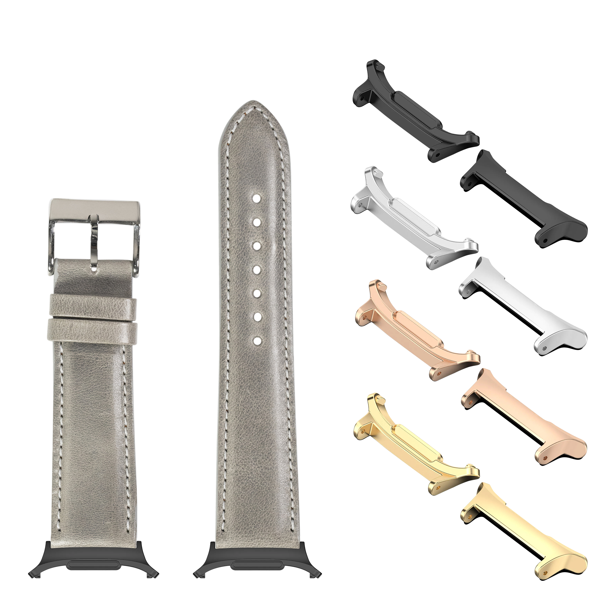 Grey leather watch band with stitching, stainless steel buckle, and interchangeable metal lugs in black, silver, rose gold, and gold finishes