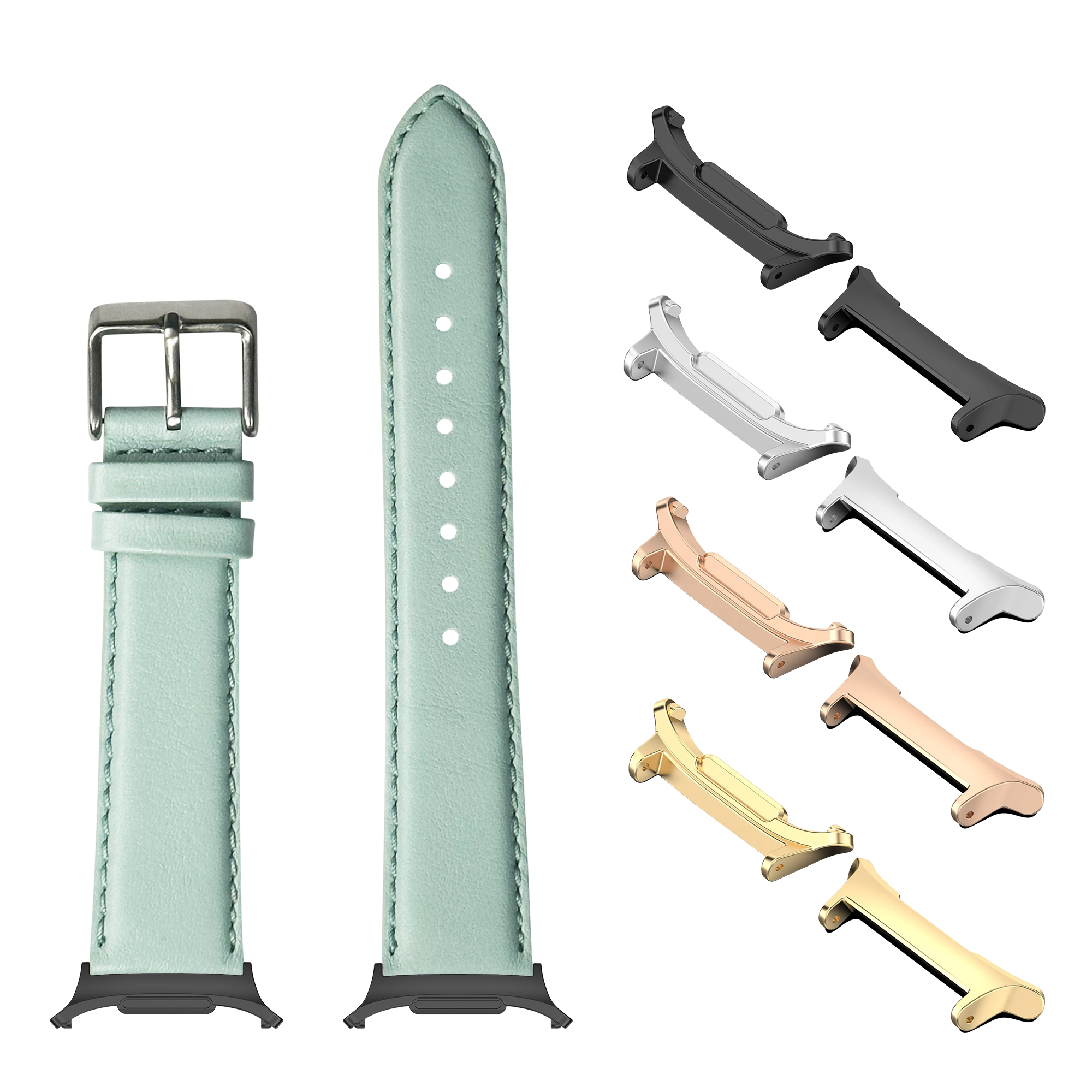 Padded light tiffany blue leather Galaxy Watch band with interchangeable metal case connectors in black, silver, rose gold and gold finishes