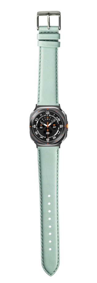 Gunmetal square sports watch with black dial and orange accents on light tiffany blue padded leather strap