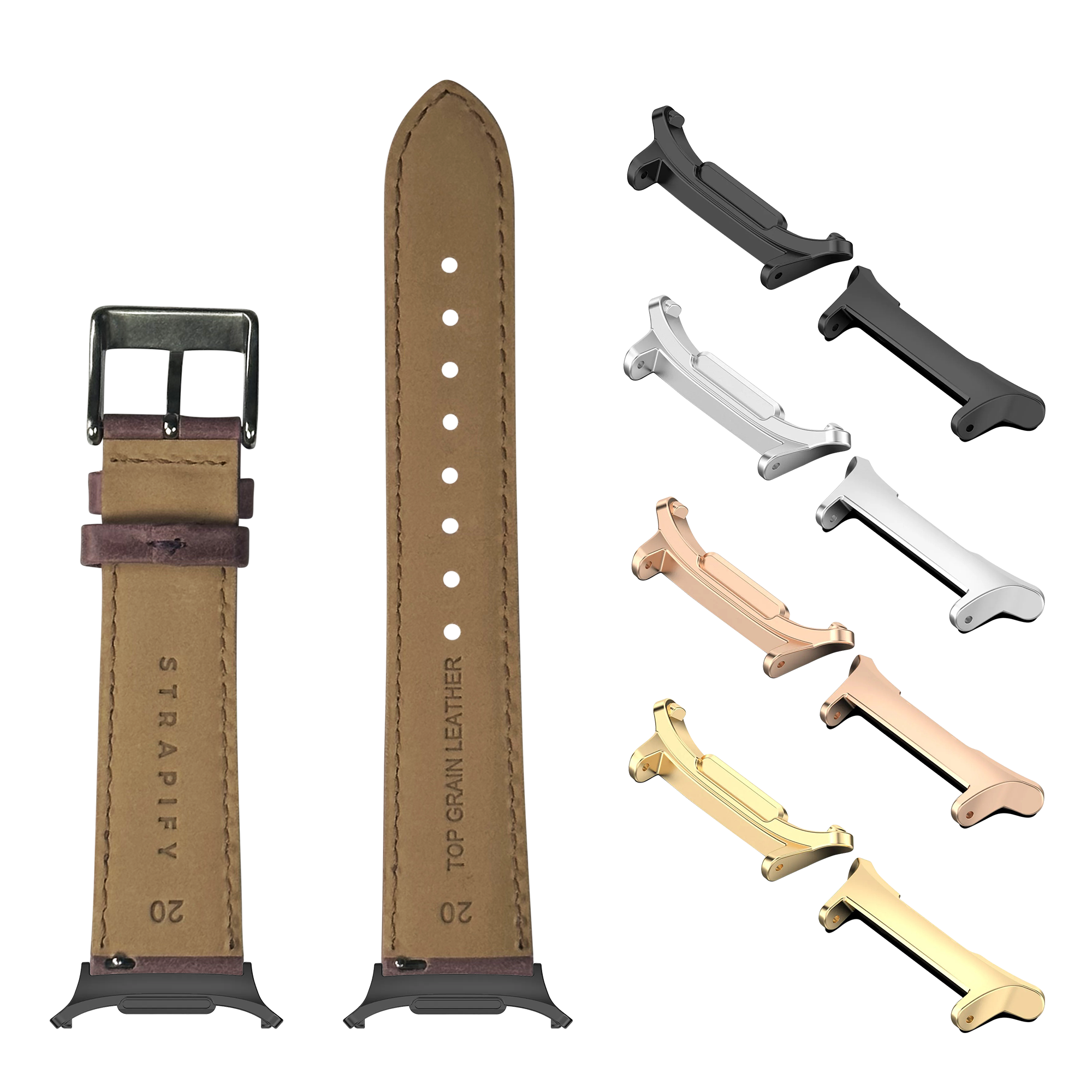 Tan leather smartwatch bands with stitching and multiple metal connector options in silver, rose gold, gold, and black finishes