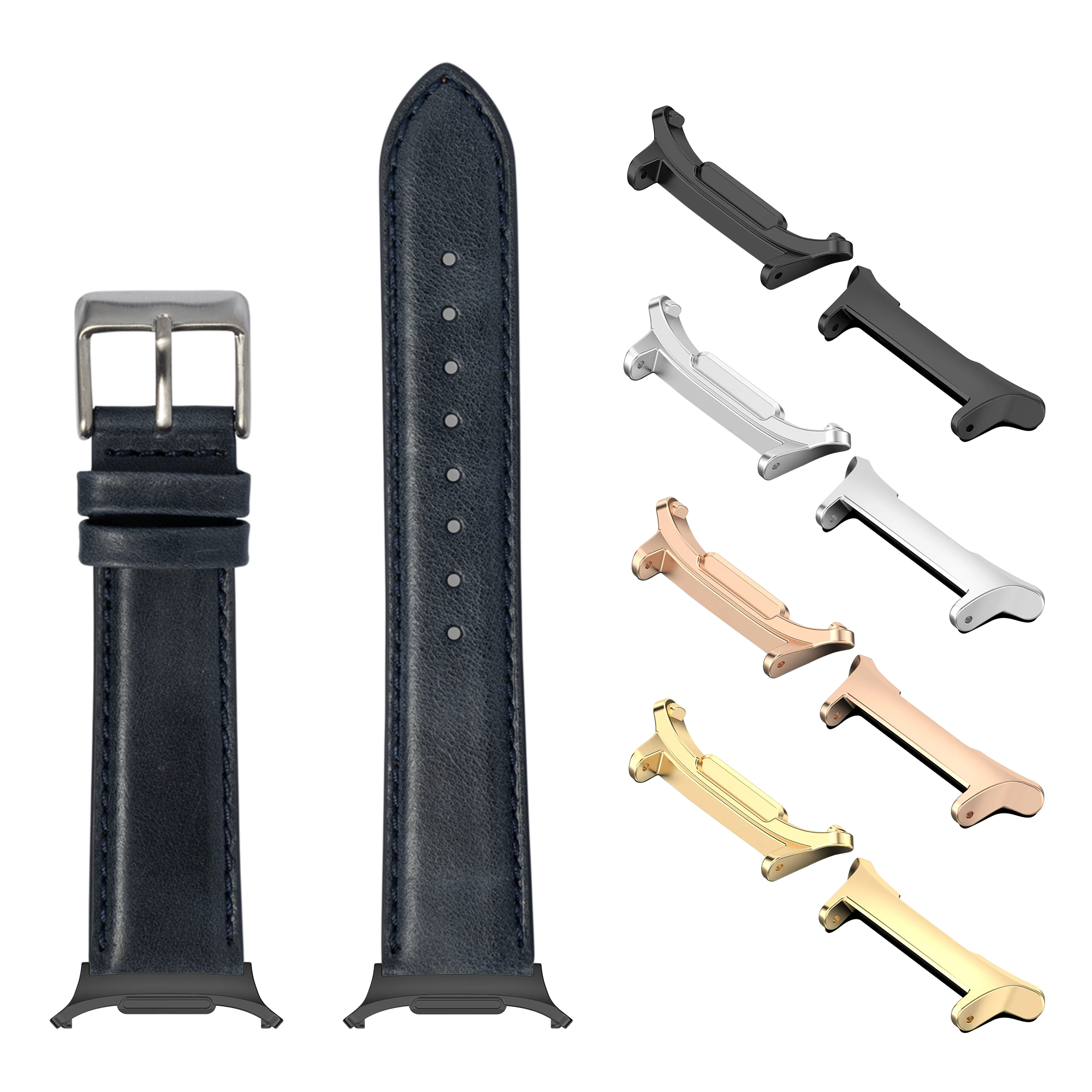 Navy blue padded leather smartwatch band with silver buckle, interchangeable metal link connectors in gold, silver, rose gold and black finishes