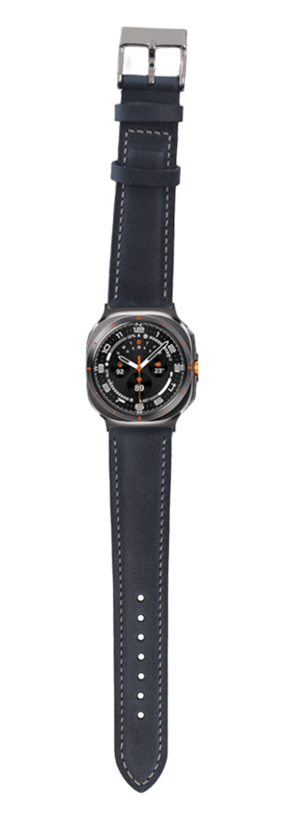 Galaxy Watch 8 Ultra navy blue padded leather strap with beige stitching and silver buckle
