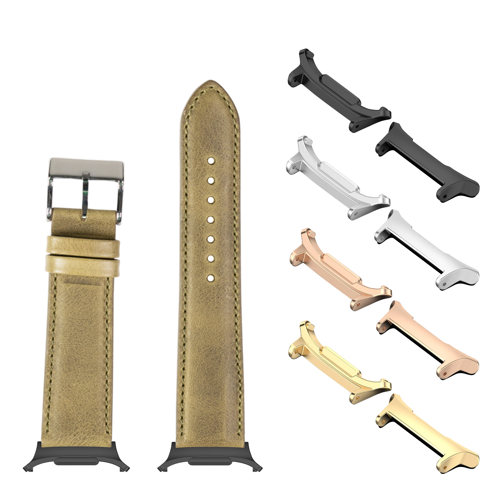 Olive green padded leather watch band with interchangeable metal connectors in black, silver, rose gold, and gold finishes for Galaxy Watch 8 Ultra