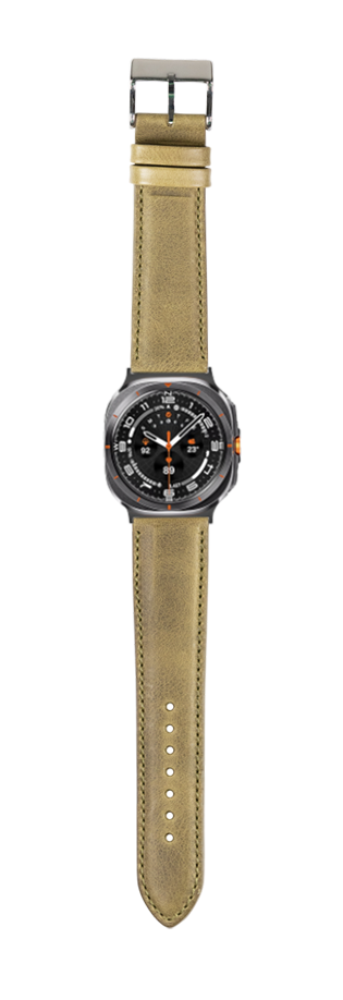Olive green padded leather watch band with gunmetal buckle and black sport watch face featuring orange accents