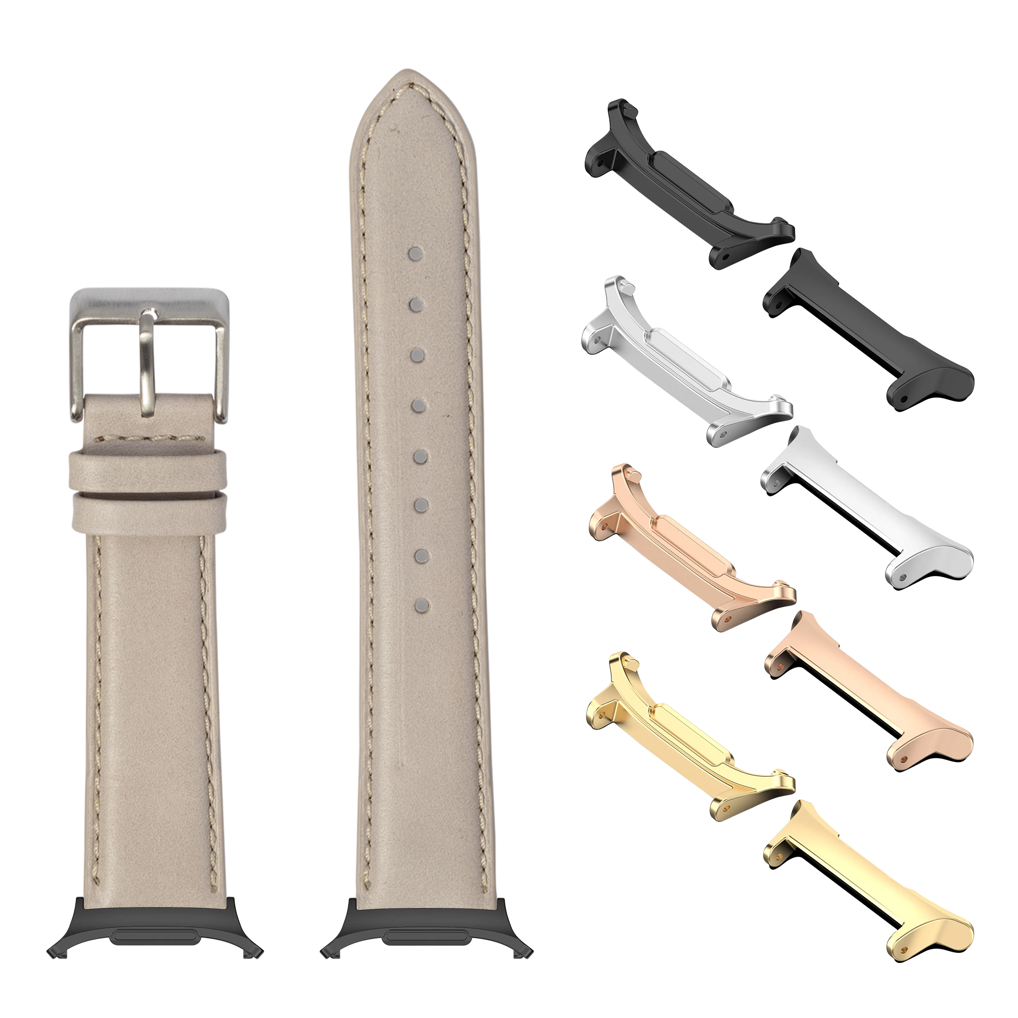 Padded leather smartwatch band with pale pink color, interchangeable metal connectors in silver, gold, rose gold, and black finishes