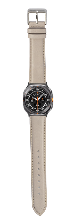 Modern smartwatch with black dial and orange accents featuring beige leather padded strap and silver buckle