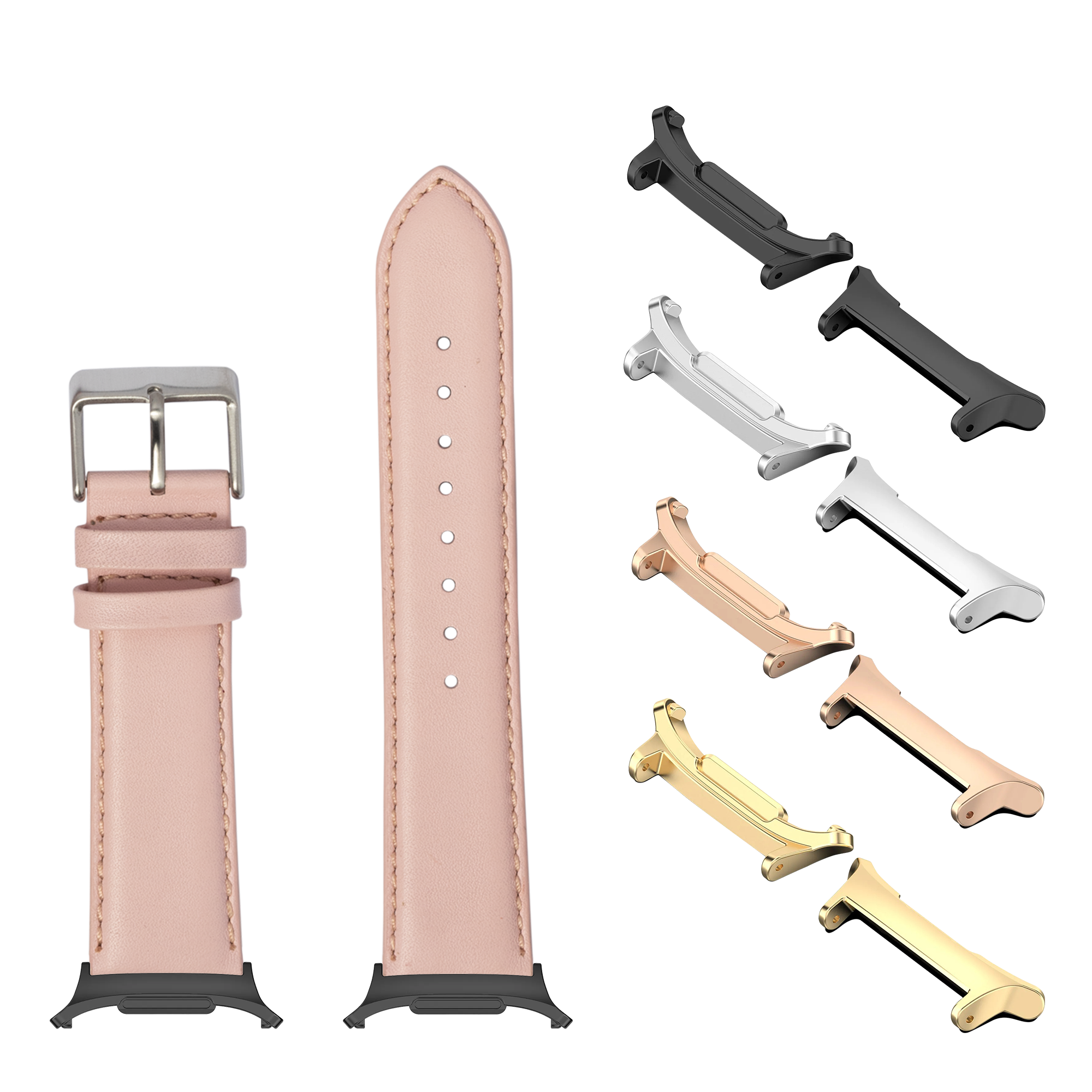 Padded pink leather watch band with silver buckle and interchangeable metal connectors in black, silver, rose gold, and gold finishes