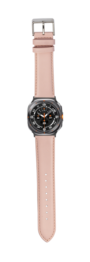 Black dial smartwatch with pink padded leather strap and silver buckle, full-length product view