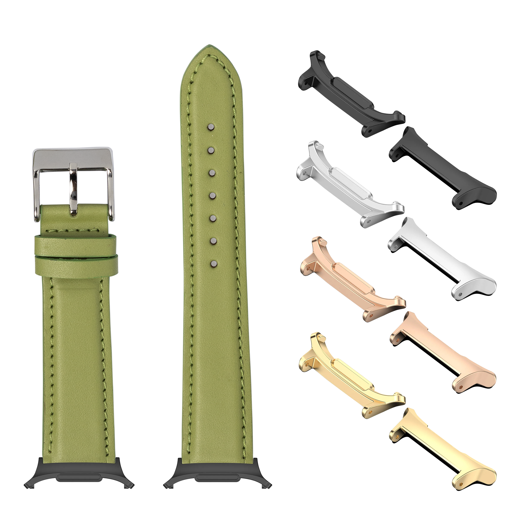 Pistachio green leather watch band with silver buckle, interchangeable metal adapters in black, silver, rose gold, and gold finishes