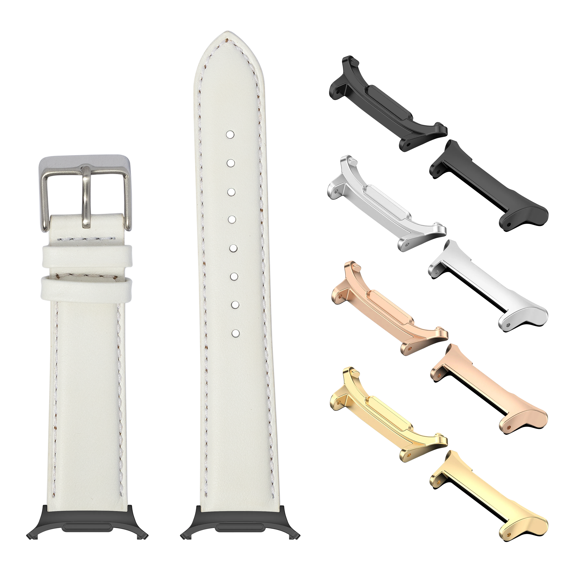 Cream leather watch band with metal buckle, interchangeable lugs in black, silver, rose gold and gold finishes for smartwatch compatibility