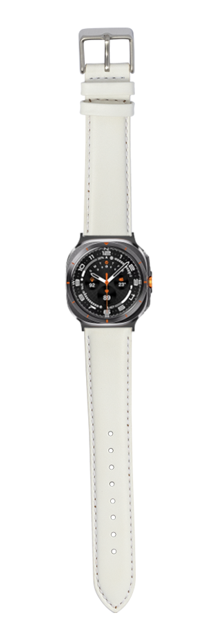 Black dial sports watch with white padded leather strap and orange accents