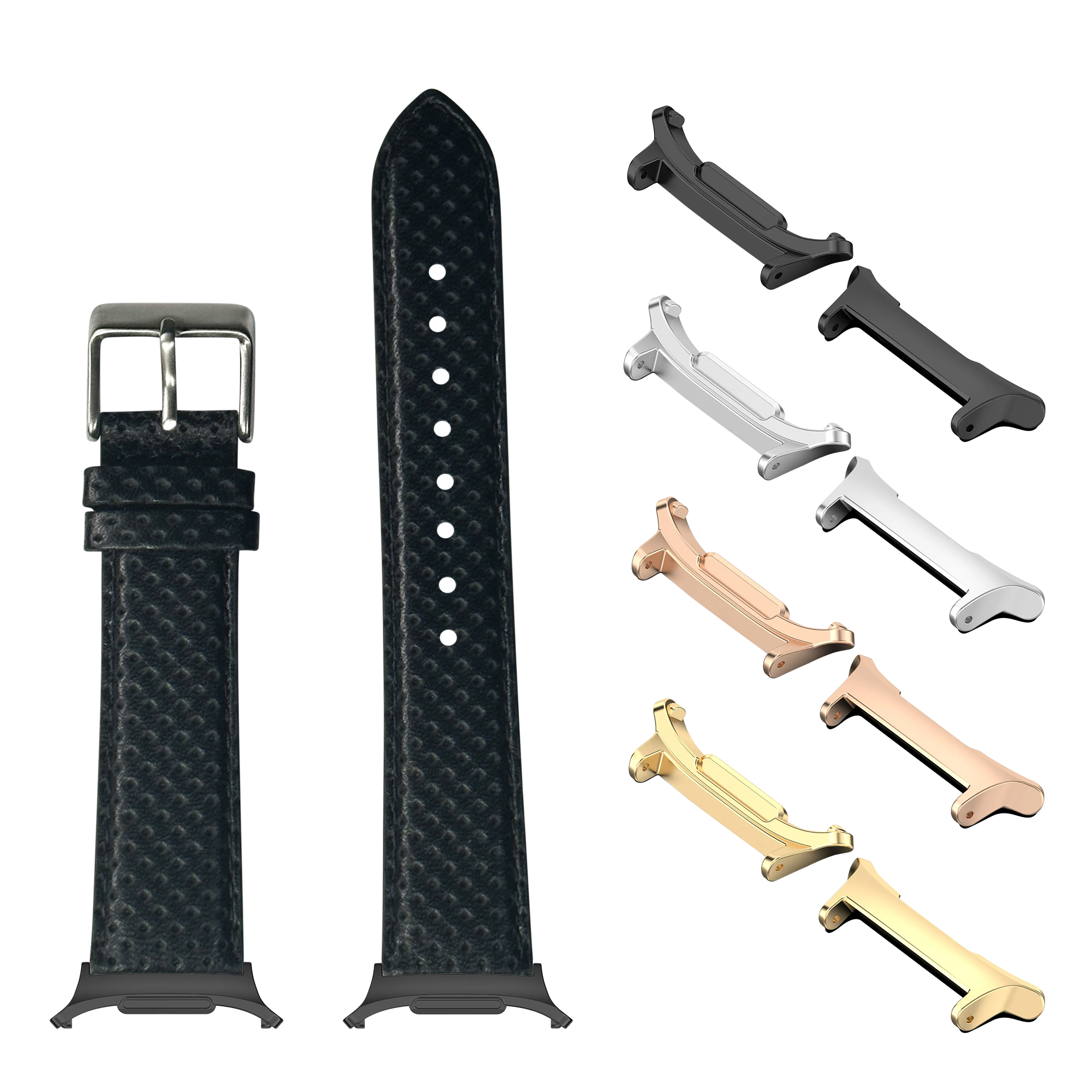 Black perforated racing leather watch band with metal buckle shown with interchangeable connector lugs in silver, black, rose gold and gold finishes