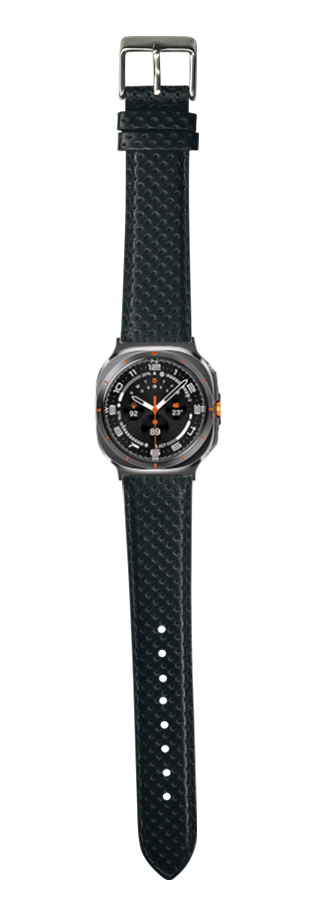 Black perforated racing leather watch strap with gunmetal buckle and orange accents for Galaxy Watch Ultra smartwatch