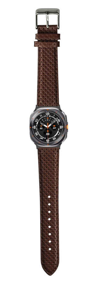 Men's sports watch with black dial and orange accents featuring brown perforated leather racing strap and buckle