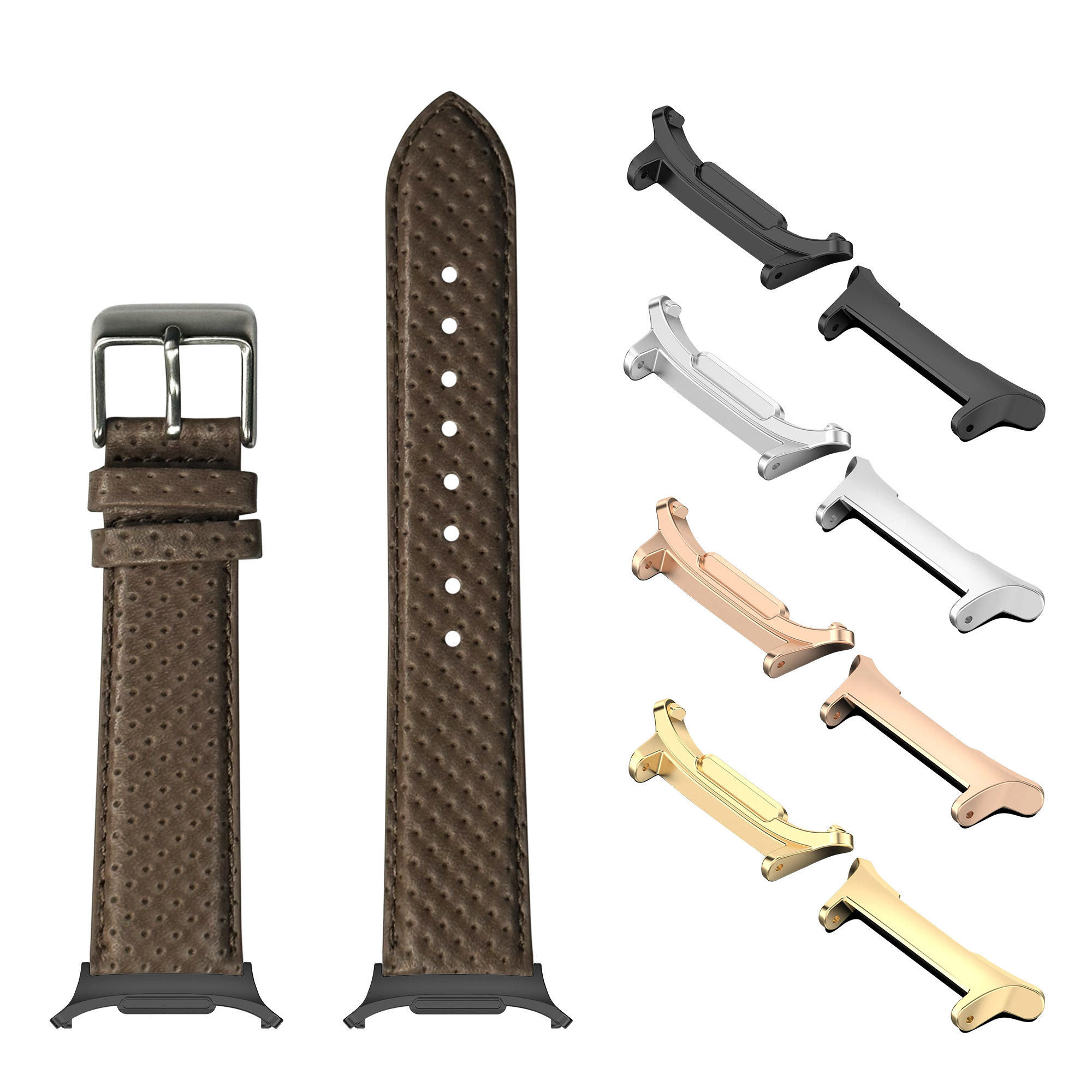 Brown perforated leather watch band with silver buckle and interchangeable metal lugs in multiple finishes for Galaxy Watch 8
