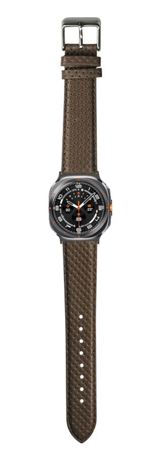Olive green perforated leather watch strap with gunmetal buckle and black dial sport watch featuring orange accents