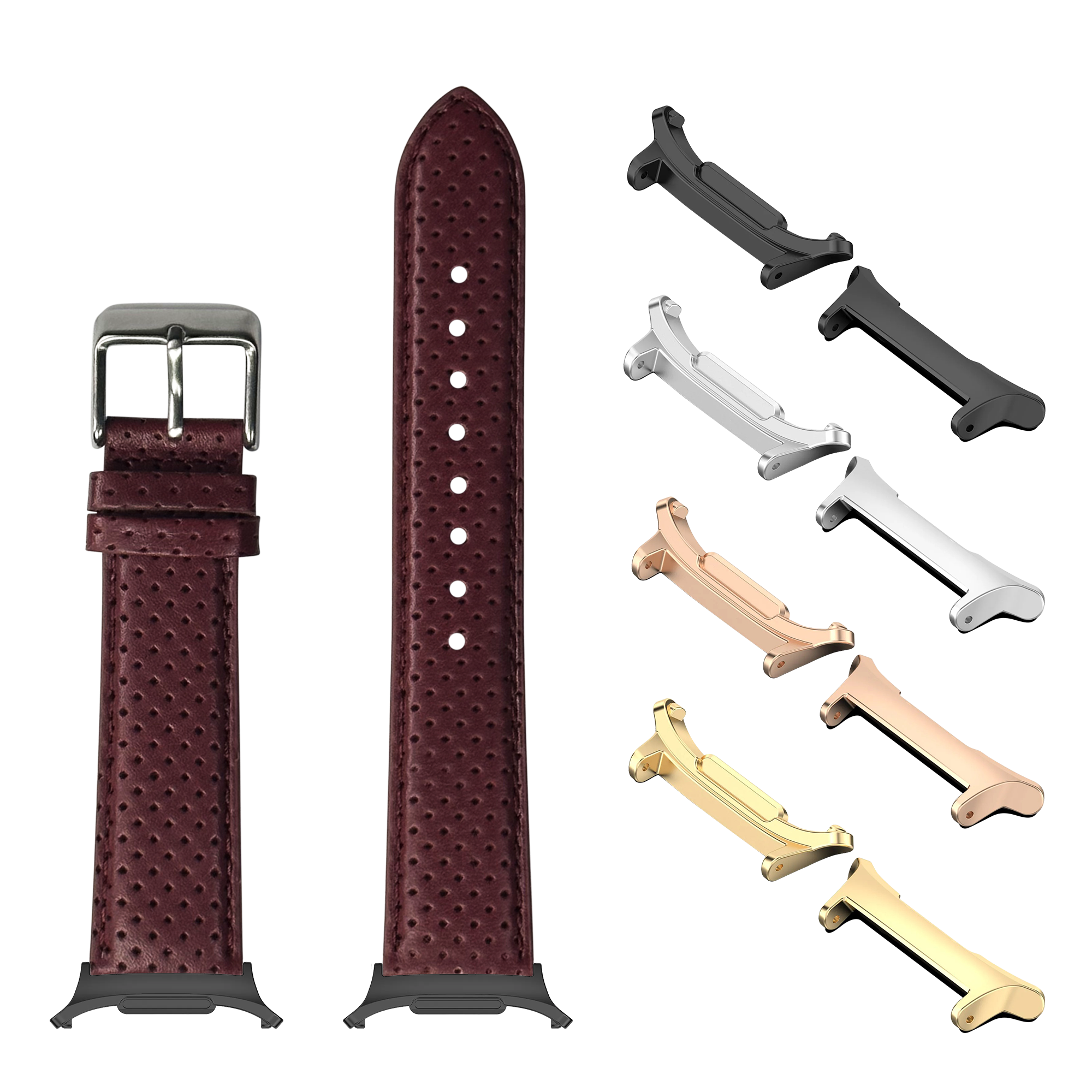 Maroon perforated racing leather watch band with interchangeable metal lugs in gold, silver, rose gold, and black finishes for Galaxy Watch 8 Ultra