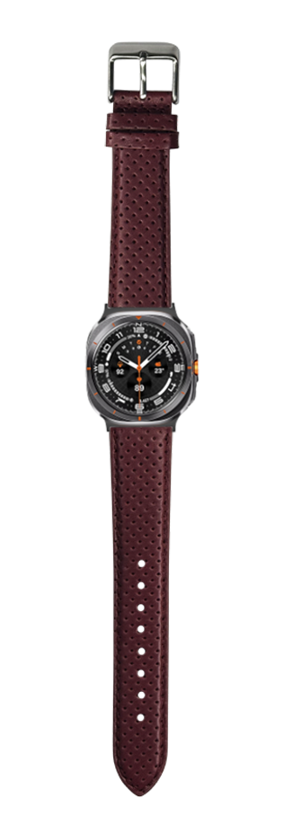 Burgundy perforated racing leather watch strap with metal buckle for Galaxy Watch, laid flat display