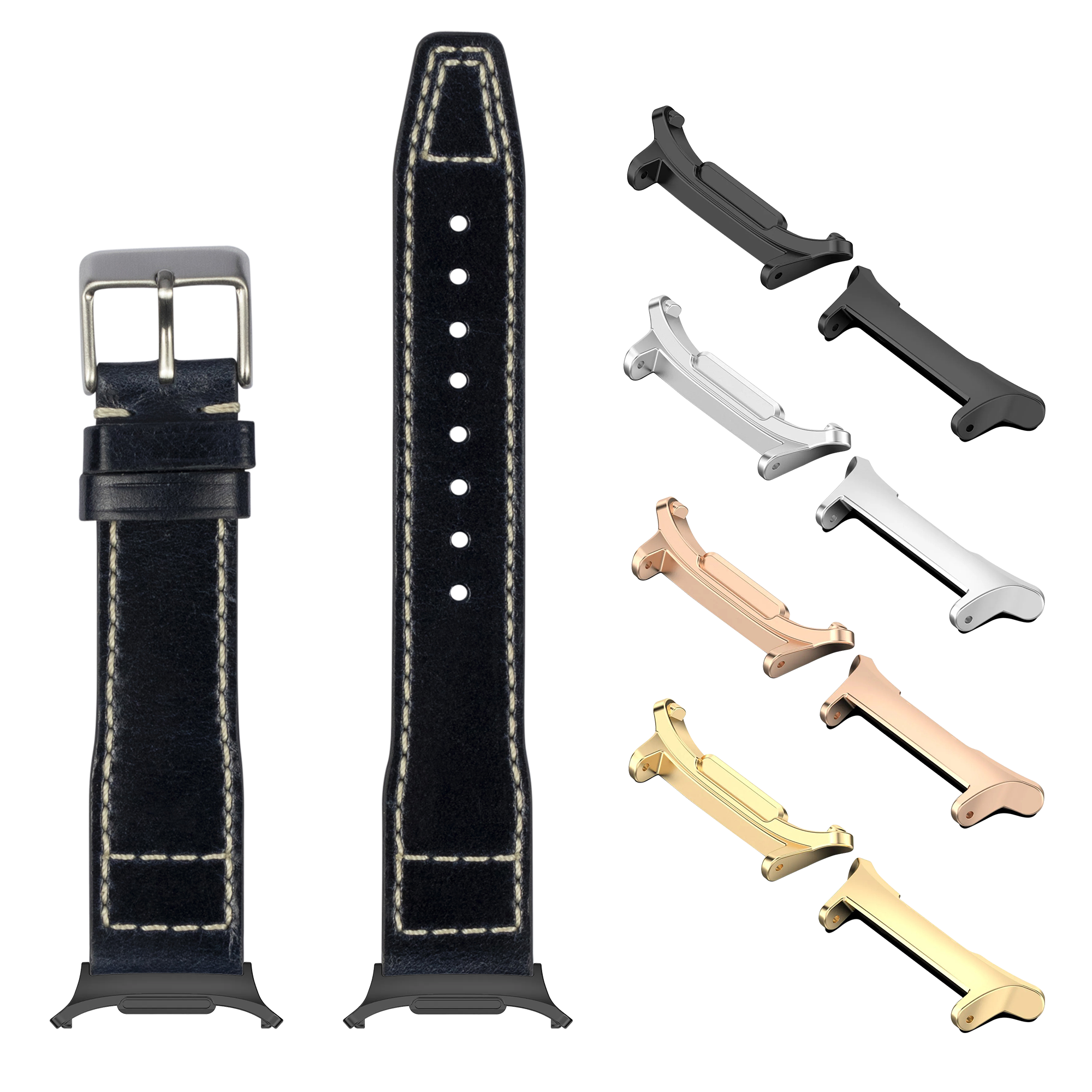 Black leather pilot watch band with white stitching, silver buckle, and interchangeable metal lugs in multiple finishes for Galaxy Watch 8 Ultra