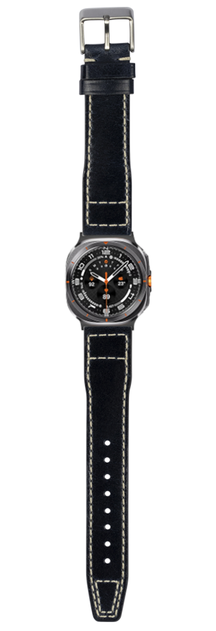 Black leather pilot watch band with white stitching, stainless steel buckle, chronograph dial with orange accents