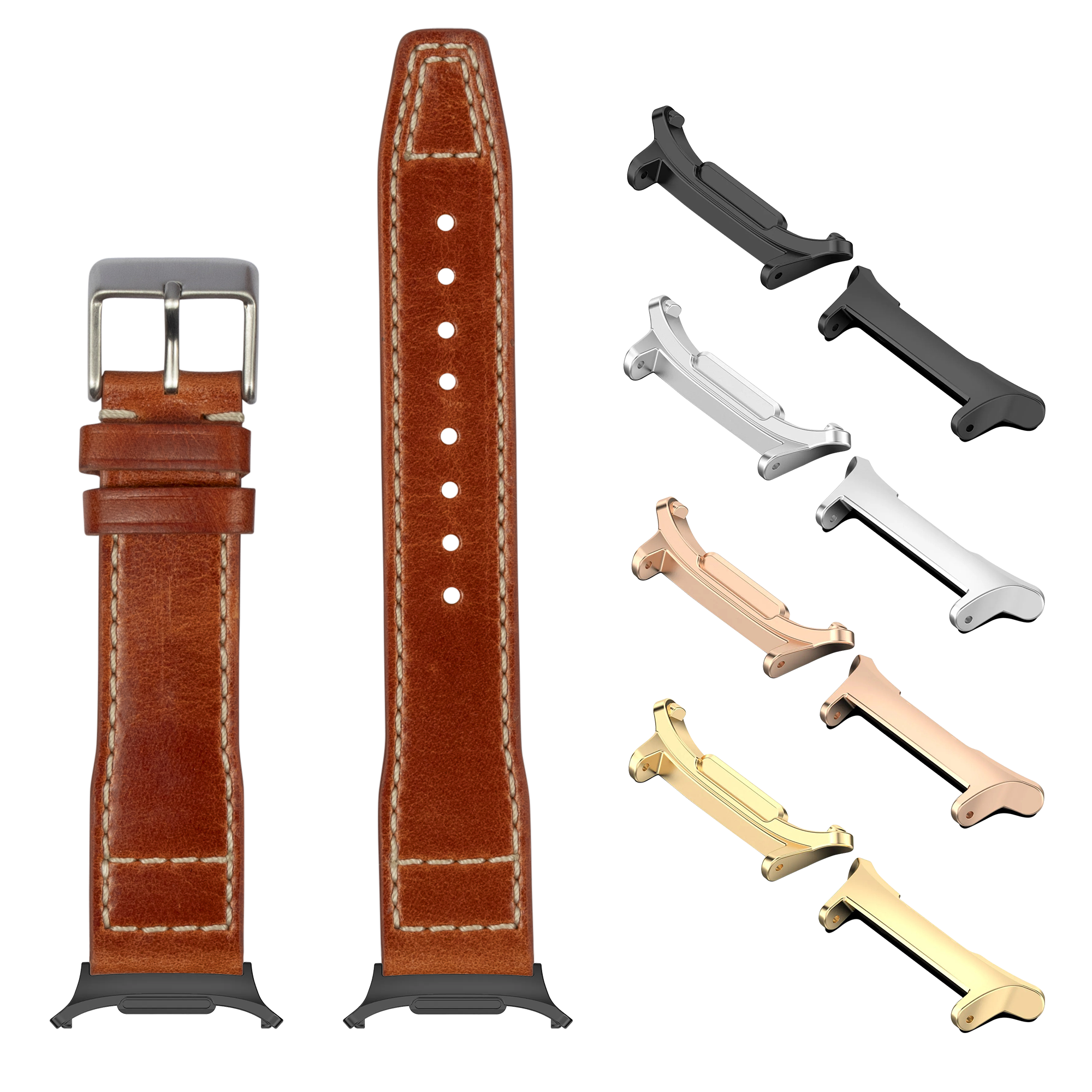Brown leather watch band with white stitching, silver buckle, and interchangeable metal connectors in multiple finishes
