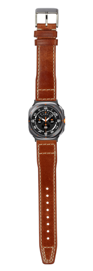 Brown leather pilot watch strap with gunmetal buckle and black dial sport watch, white stitching detail