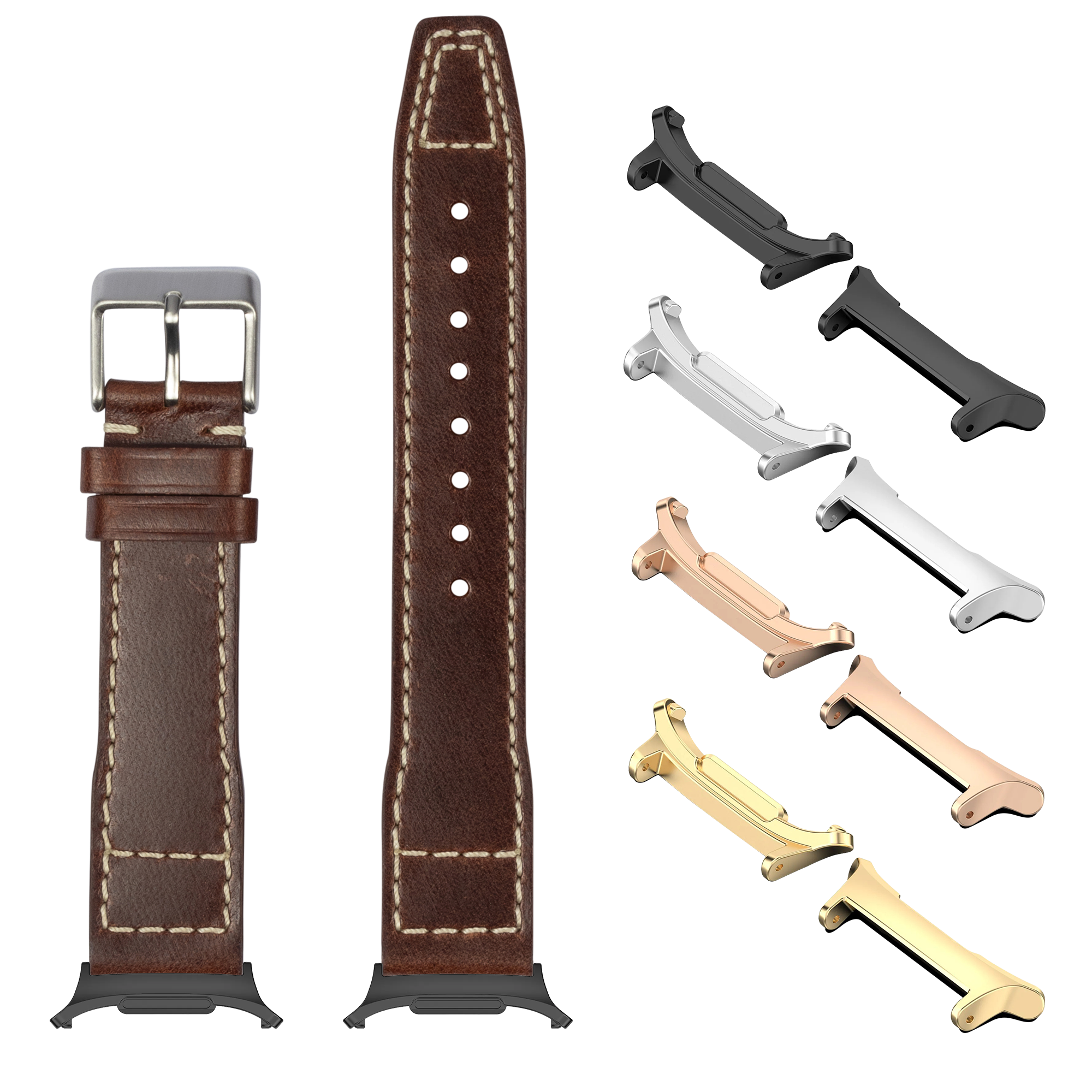 Pilot leather dark brown watch band with contrasting stitching, stainless steel buckle, and multiple metal connector options in black, silver, rose gold, and gold finishes