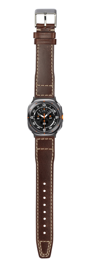 Dark brown leather pilot watch strap with white stitching, silver buckle, and black dial sports watch with orange accents