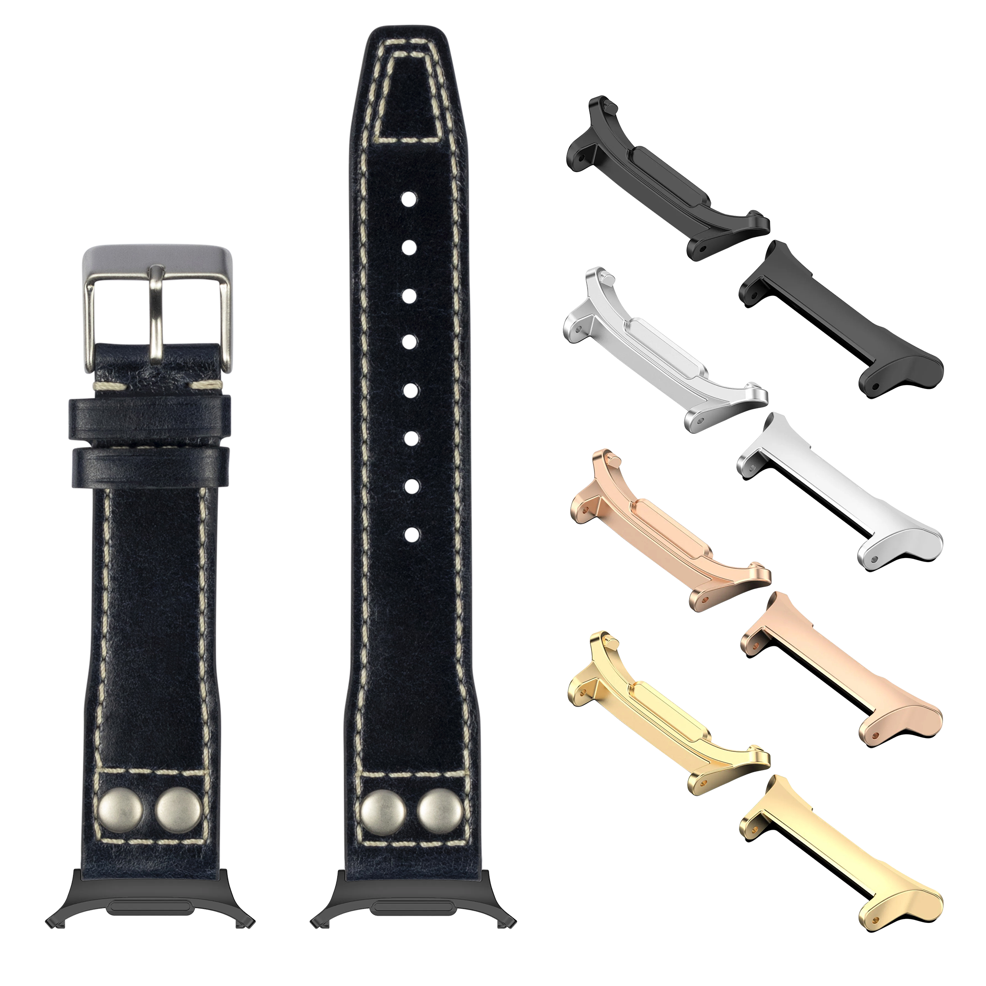 Black leather watch band with rivets and interchangeable metal lugs in multiple finishes including gold, rose gold, silver and black