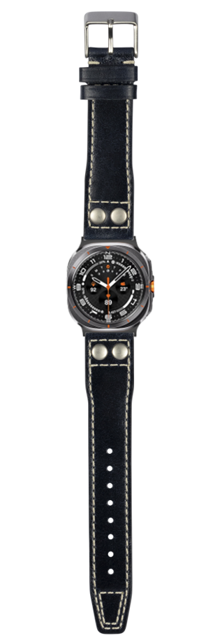 Black leather pilot watch band with metal rivets and studs, stainless steel buckle and case, orange accents