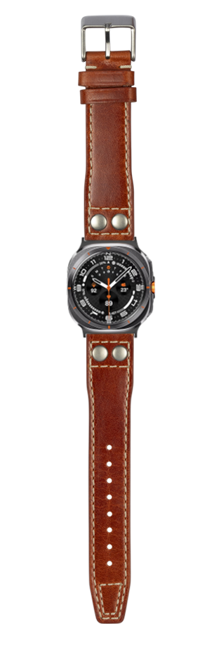 Brown leather pilot watch strap with metal rivets, stainless steel buckle, and black dial watch face
