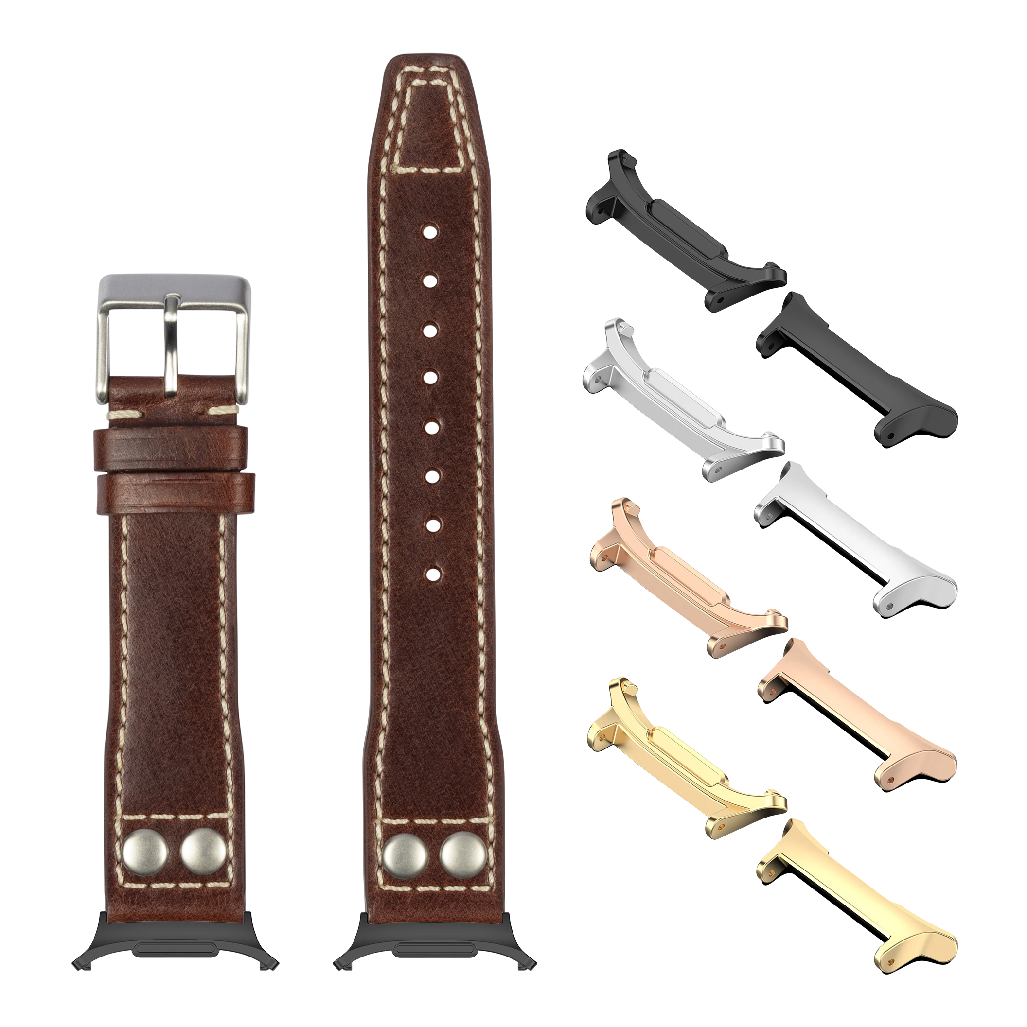 Brown leather smartwatch band with contrasting stitching, silver buckle, and interchangeable metal lugs in black, silver, rose gold, and gold finishes