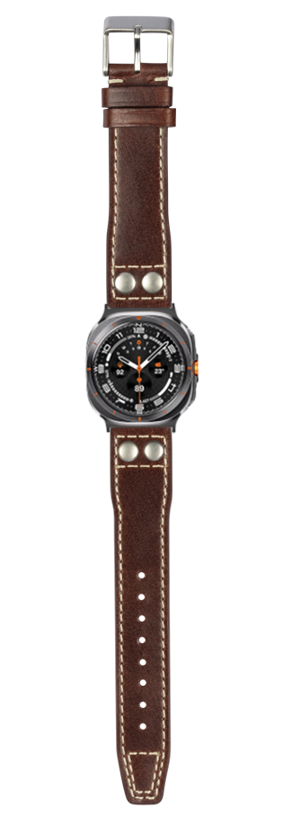 Dark brown leather pilot watch strap with metal rivets and contrast stitching, silver buckle closure