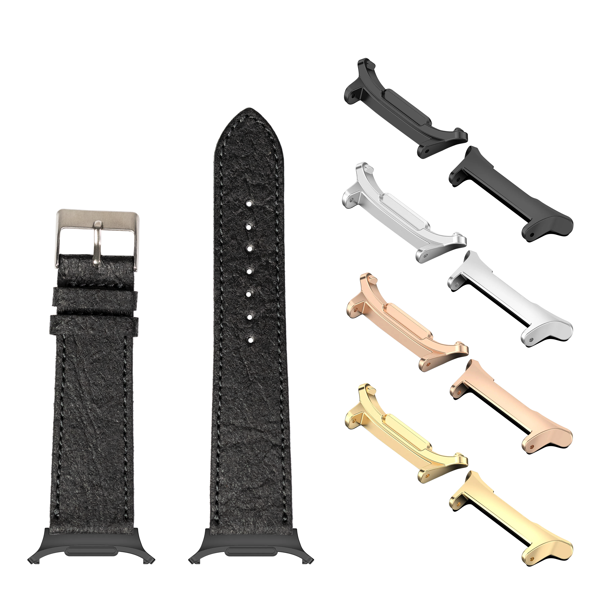 Black pineapple vegan leather smartwatch band with interchangeable metal lugs in multiple finishes for Galaxy Watch 8 and Ultra