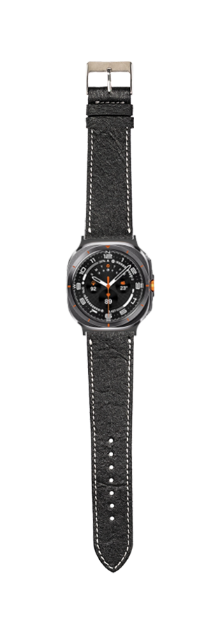 Black vegan leather watch strap with white stitching, featuring orange accents and stainless steel buckle for Galaxy Watch 8/Ultra