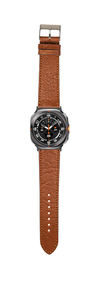 Square sport watch with black dial, orange accents, and brown pineapple vegan leather strap with metal buckle