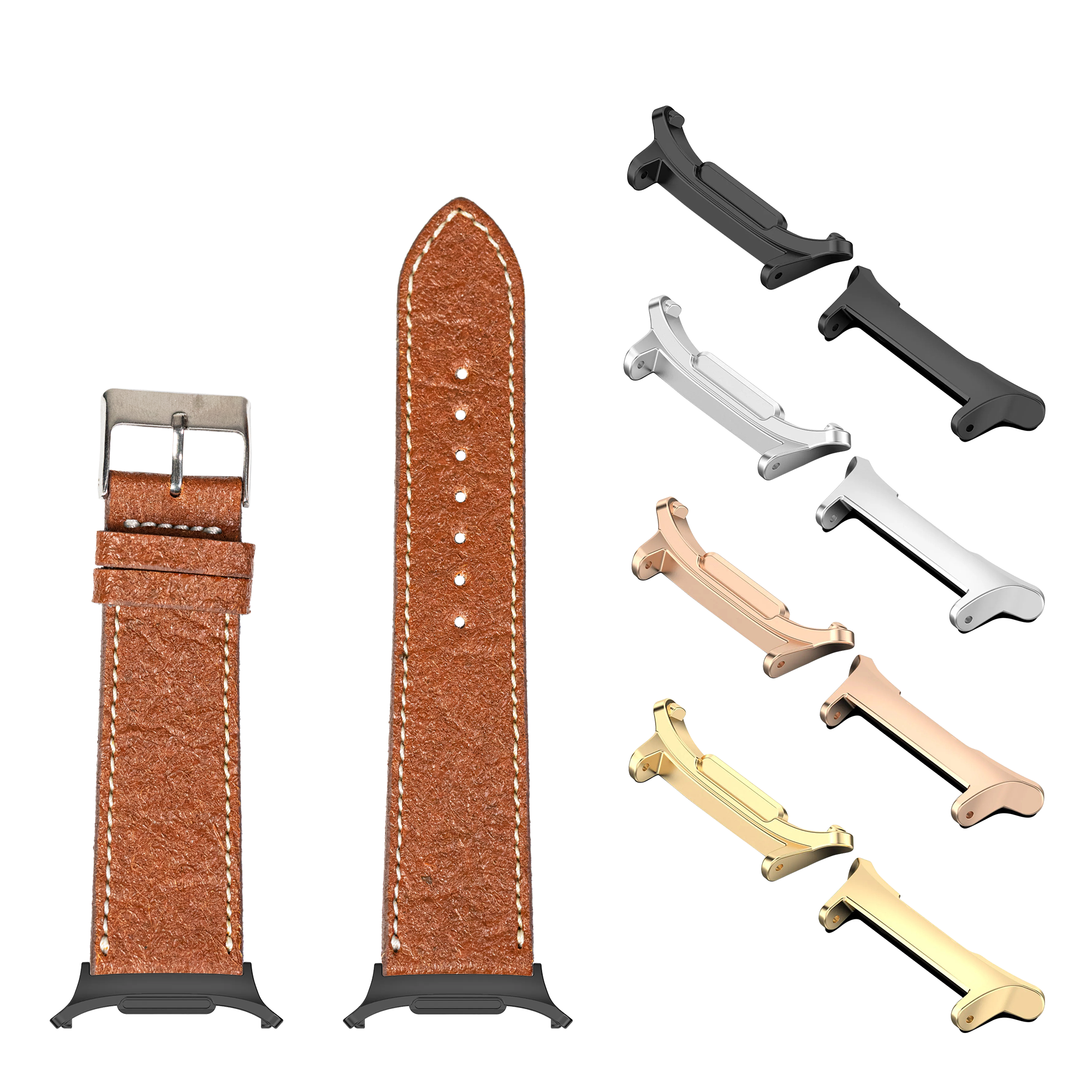 Brown vegan leather smartwatch band with white stitching and multiple metal connector options in gold, rose gold, silver and black finishes