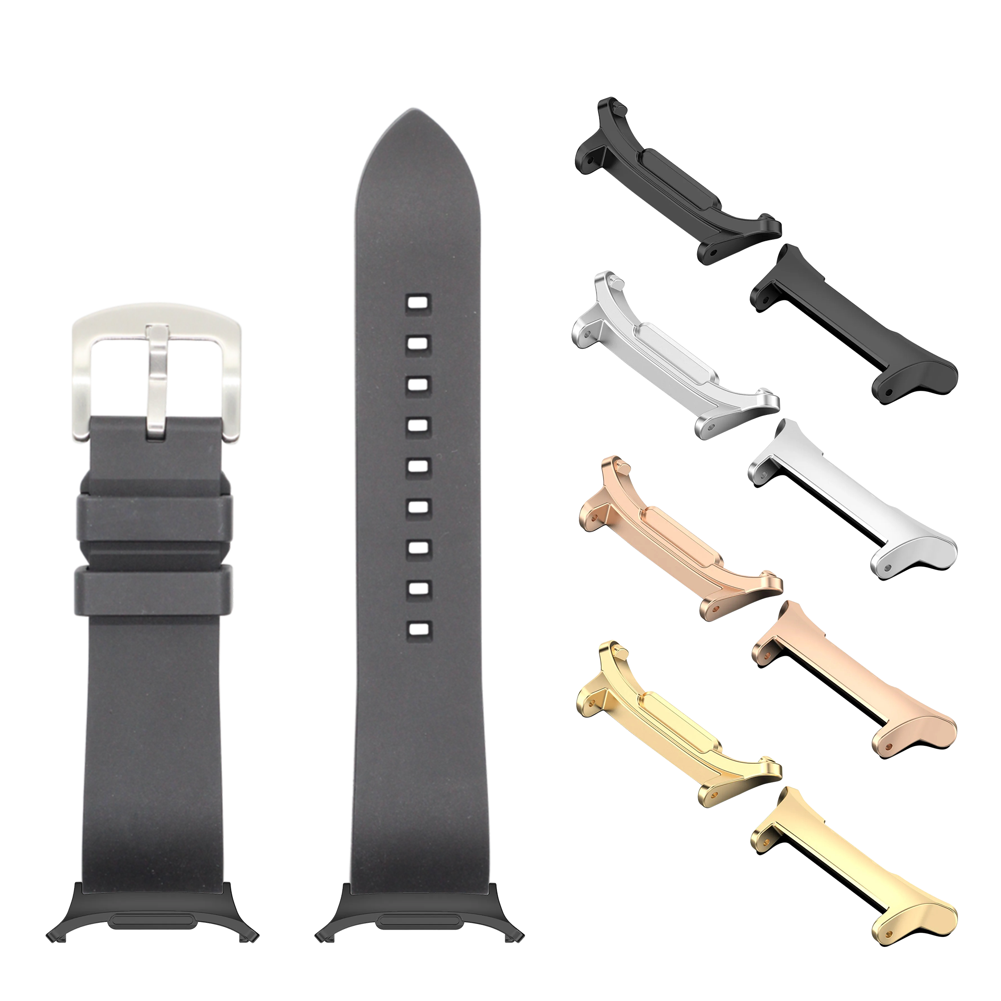Black FKM rubber smartwatch band with interchangeable metal lugs in silver, rose gold, black and gold finishes for Galaxy Watch 8 Ultra