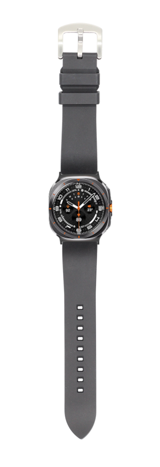 Black FKM rubber watch band with silver buckle for Galaxy Watch 8 Ultra, featuring orange accents on dial