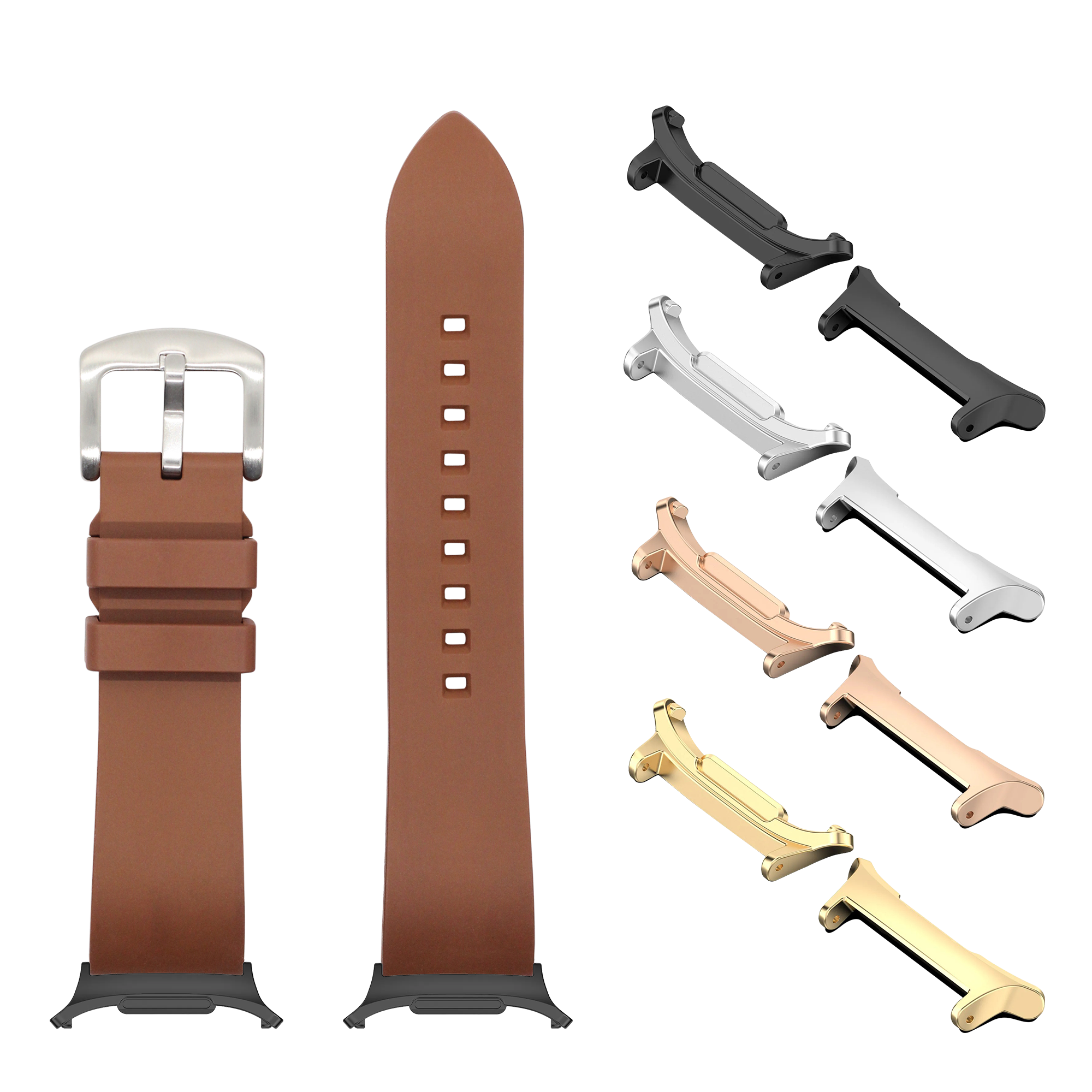 Brown FKM rubber smartwatch band with interchangeable metal lugs in multiple finishes including silver, gold, rose gold and black