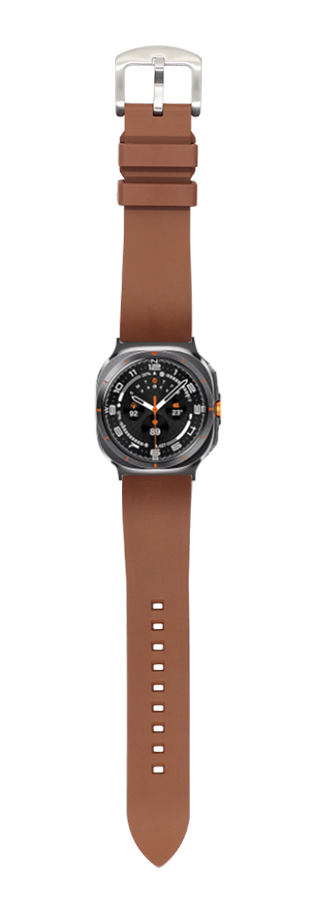 Brown FKM rubber watch band for Galaxy Watch 8 Ultra with silver buckle and black sport dial watch face
