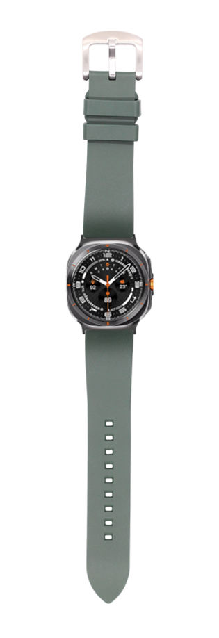Galaxy Watch 8 Ultra forest green FKM rubber strap with silver buckle and black dial face