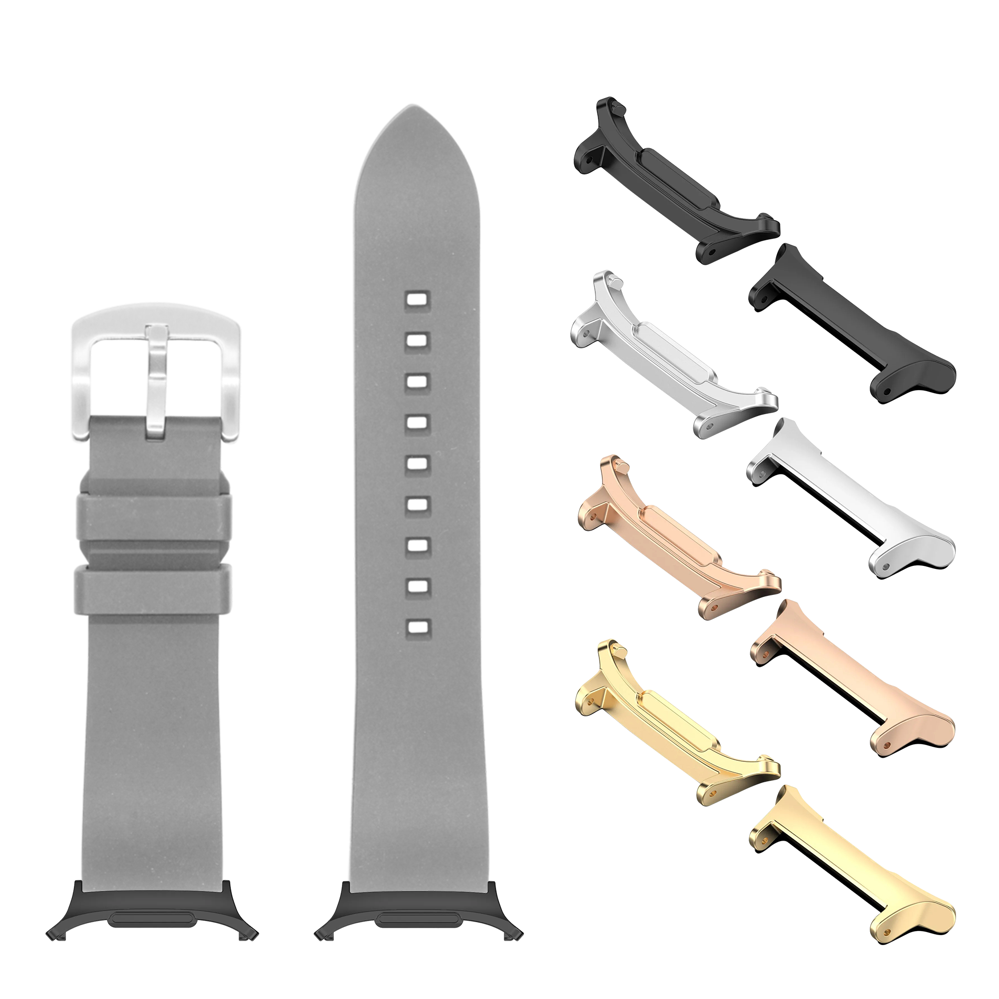 Grey FKM rubber watch band with interchangeable metal lugs in multiple finishes for Galaxy Watch 8 and Ultra
