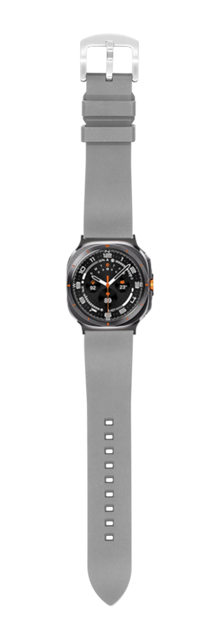 Grey FKM rubber watch band for Galaxy Watch Ultra with metal buckle and black sport watch face
